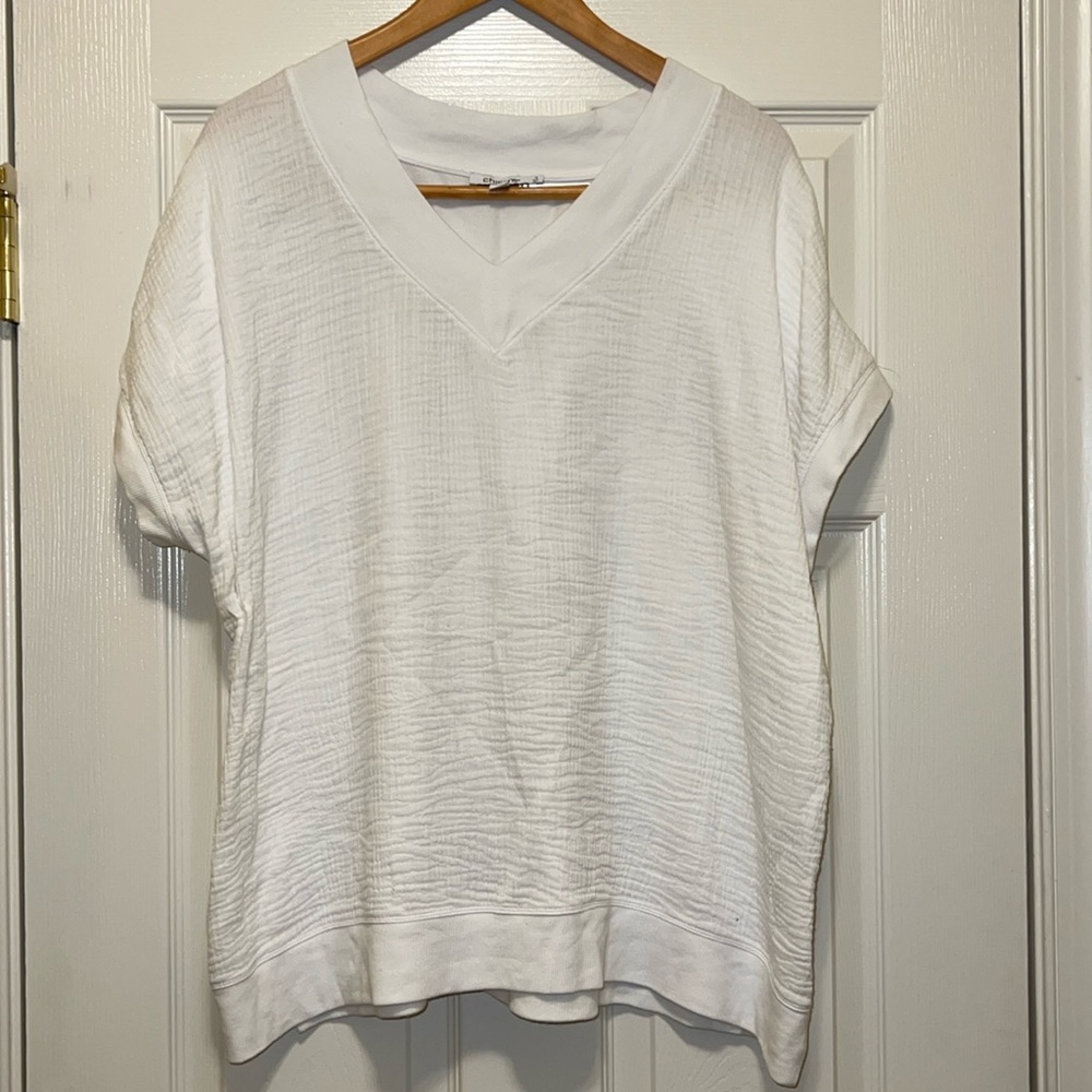 Chico’s XL (3) white short sleeve mixed media shirt.